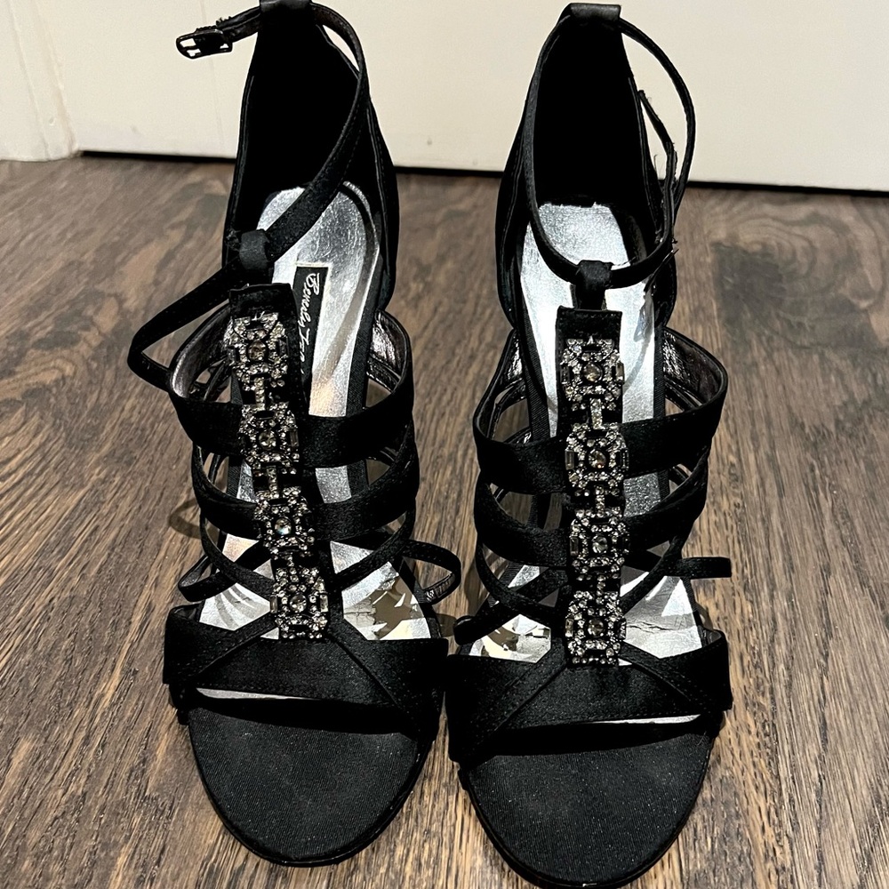 Beverly Feldman Evening or Wedding Shoes / Sandals, Black Satin, Size 9